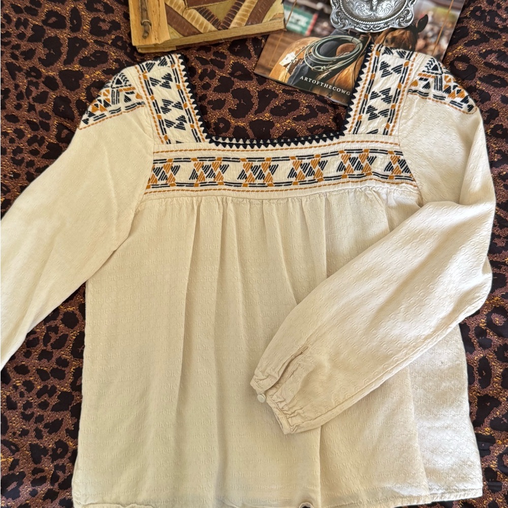 Current Air Cream Embroidered Square-Neck Blouse